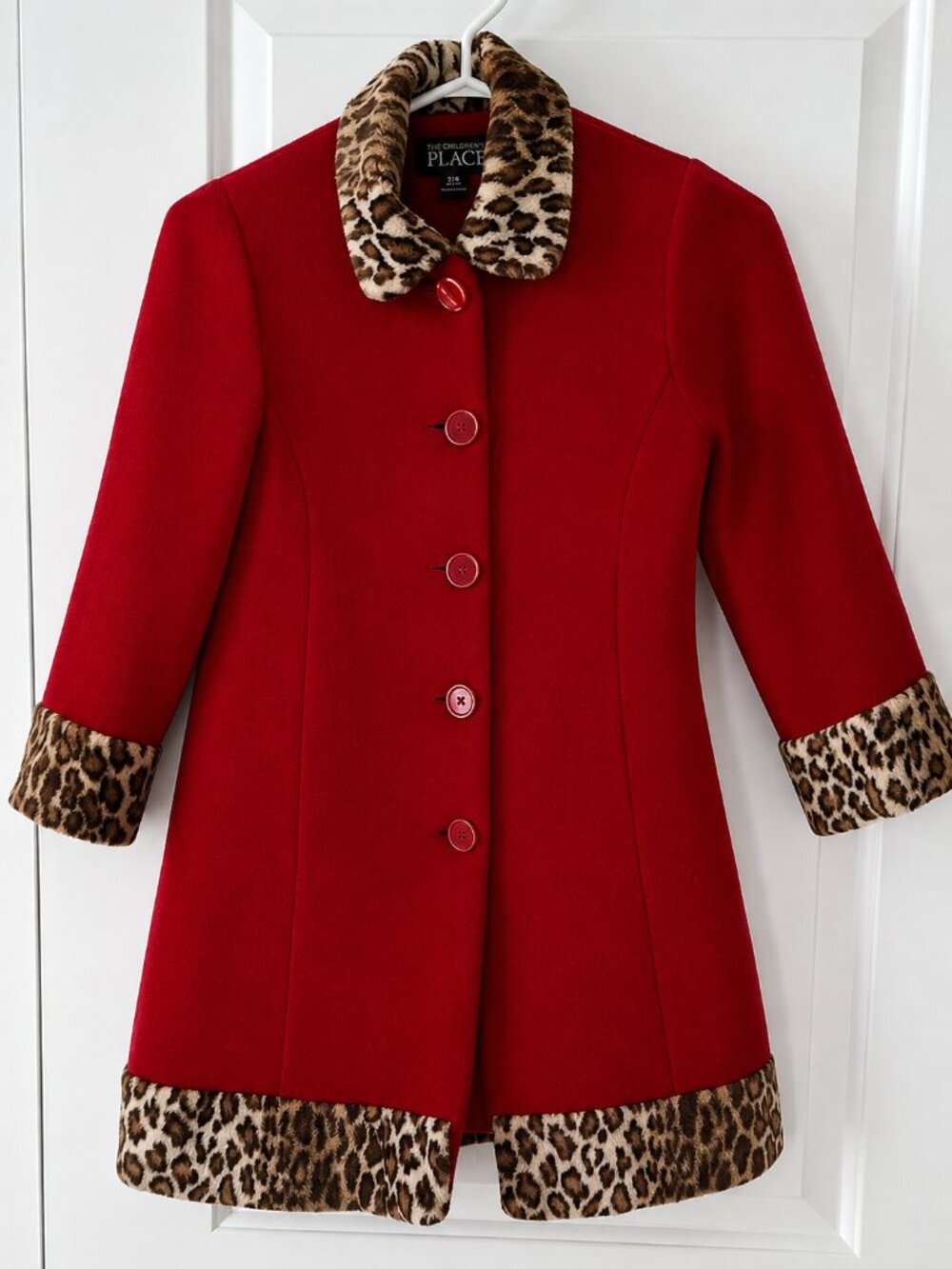 The Children's Place Girl Wool Red Coat with Faux Fur Leopard-Print Trim